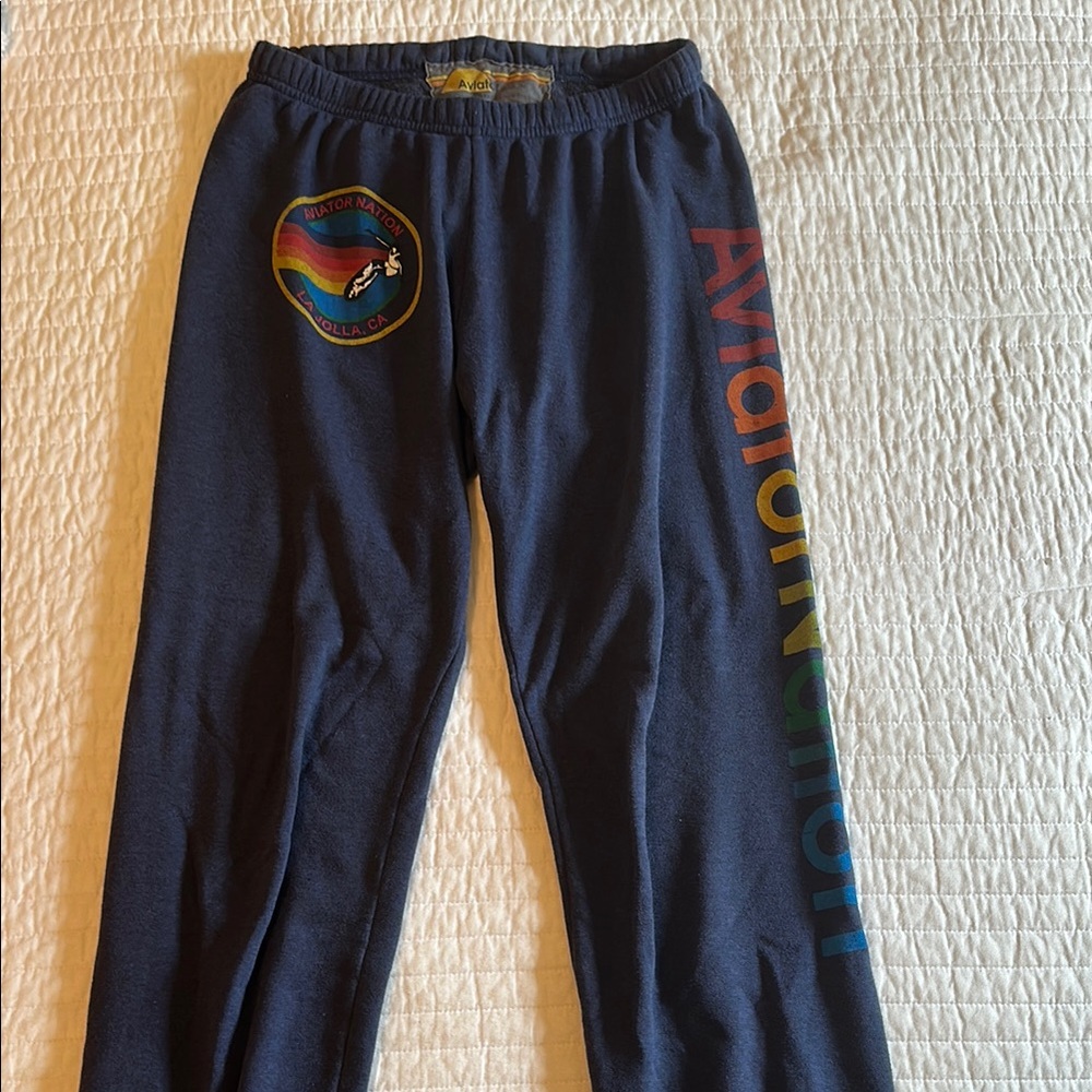 Aviator Nation Blue and Red Joggers with Colorful Graphics